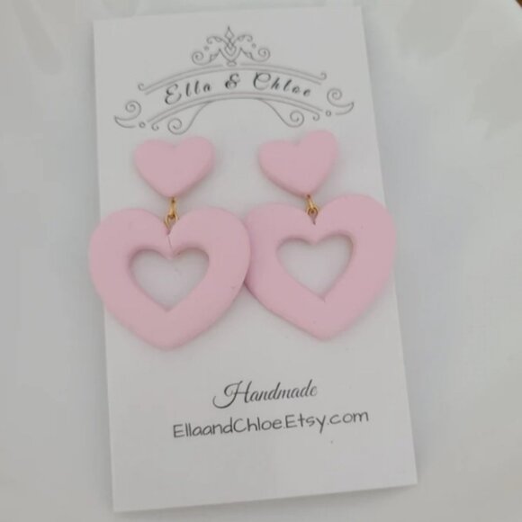 Pink Matte Chunky Double Heart Dangle Earrings Gold Clay Handmade Retro Barbie - Picture 4 of 5
